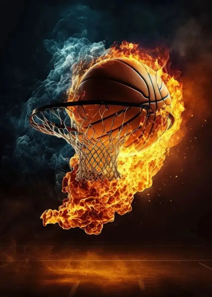 A colorful sport basketball poster print featuring a fiery orange ball dunking through a flaming hoop by decorbites