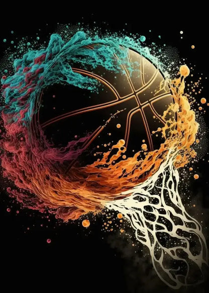 A colorful sport basketball with orange and teal energy swirls passing through a white net in decorbites™ posters