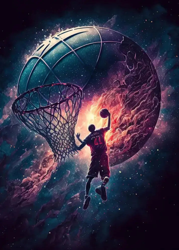 A basketball player in a red jersey dunking against a cosmic background in colorful sport basketball posters prints