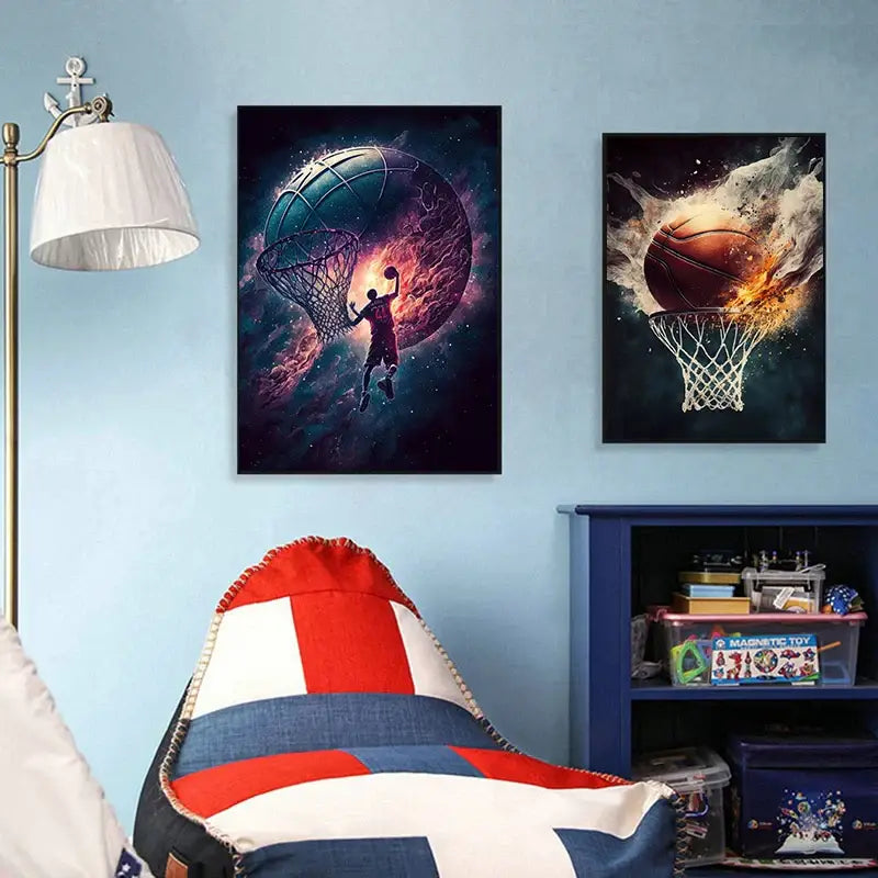 Decorbites colorful sport basketball posters for boys displayed with a red white and blue striped textured beanbag chair