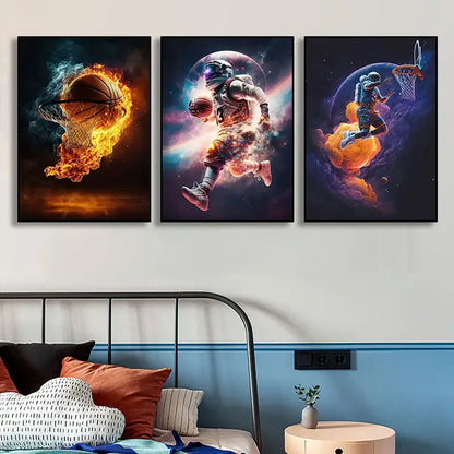 Set of three framed colorful sport basketball posters with vibrant cosmic backgrounds and dynamic astronaut players for boys