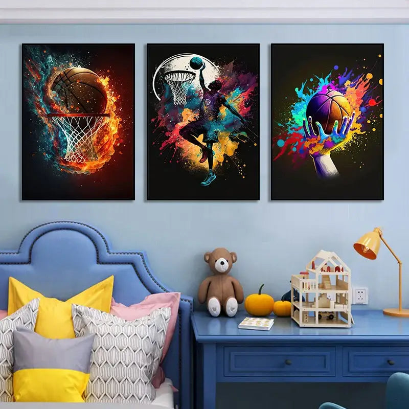 Three vibrant colorful sport basketball posters prints on canvas featuring dynamic nordic sports imagery for boys decor