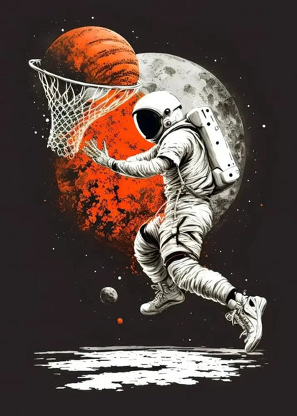 A white astronaut dribbling an orange basketball against a red planet backdrop colorful sport basketball poster print