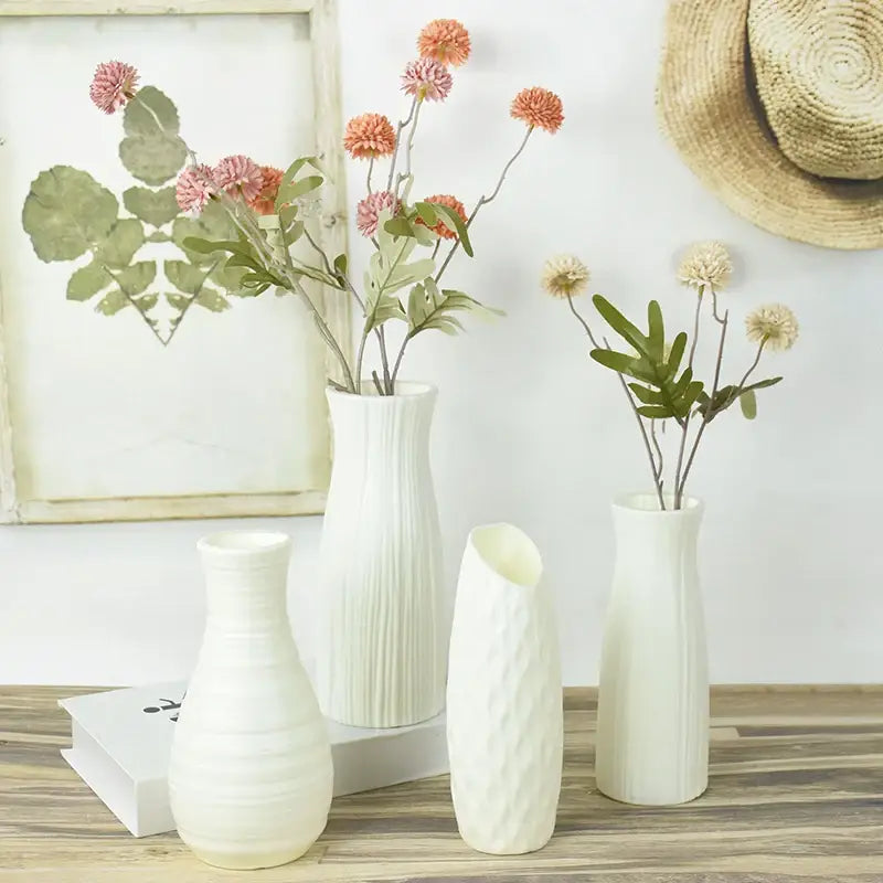 DecorBites™ modern flower vase set of white ceramic textured vases with dried flowers for home décor display