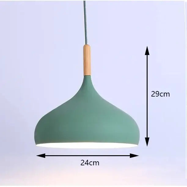 A modern matte sage green teardrop pendant light with natural wood rod from DecorBites colorful retro pendant lights