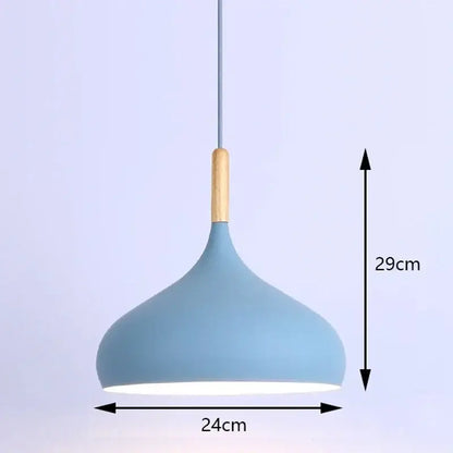Decorbites™ colorful retro pendant light with matte blue teardrop shade and natural wood accent for home decor