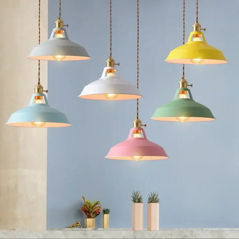 DecorBites™ colorful retro pendant lights with pastel shades brass hardware and exposed bulbs for home decor
