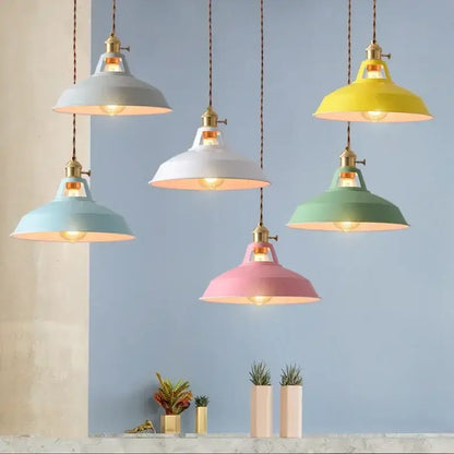 DecorBites™ colorful retro pendant lights with pastel shades brass hardware and exposed bulbs for home decor
