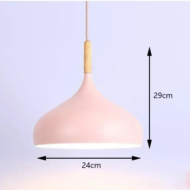 Pastel pink matte-finished pendant light with wooden accent from DecorBites colorful retro pendant lights collection