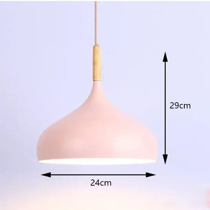 Pastel pink matte-finished pendant light with wooden accent from DecorBites colorful retro pendant lights collection