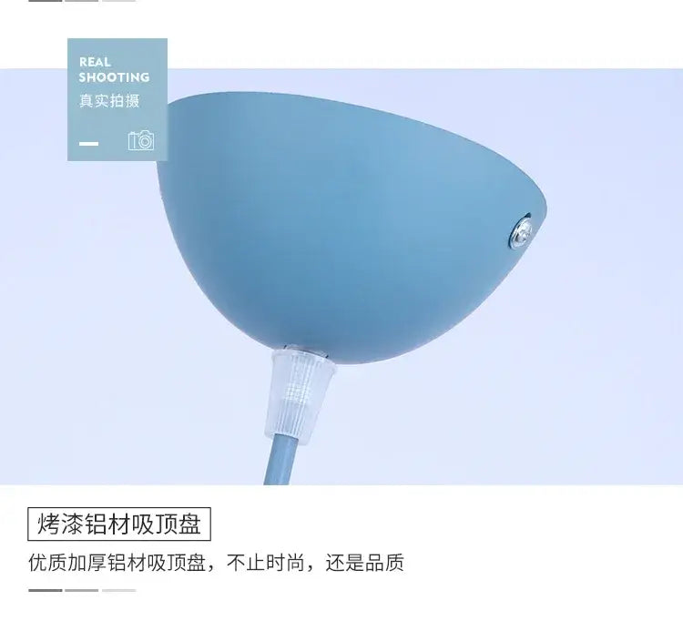 DecorBites™ colorful retro pendant lights featuring a matte light blue aluminum shade with clear plastic connector