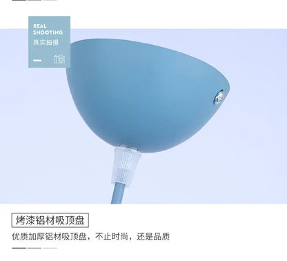 DecorBites™ colorful retro pendant lights featuring a matte light blue aluminum shade with clear plastic connector