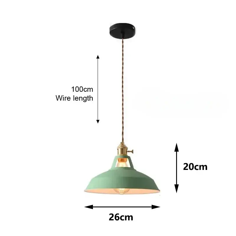 DecorBites™ colorful retro pendant lights with matte sage green metal shade brass accents and exposed bulb pendant lights