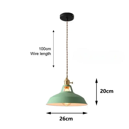 DecorBites™ colorful retro pendant lights with matte sage green metal shade brass accents and exposed bulb pendant lights