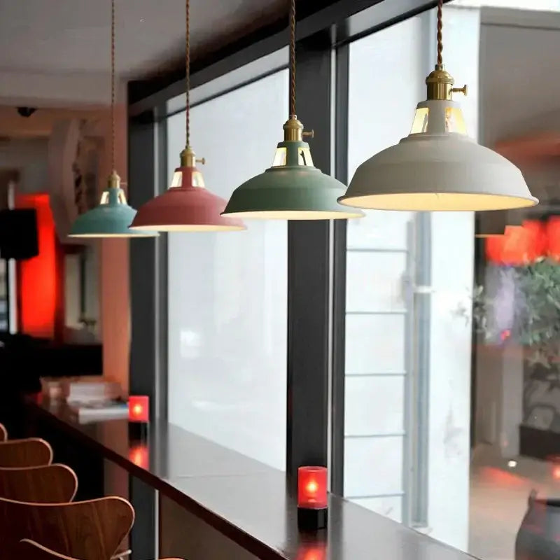 DecorBites™ colorful retro pendant lights with matte metal shades in teal dusty rose and off-white for home decor