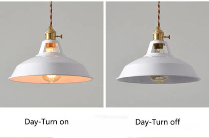 White industrial-style pendant light with brass hardware and visible bulb from decorbites colorful retro pendant lights collection