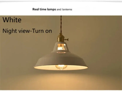 White industrial-style pendant lights with brass fixture and exposed bulb from decorbites colorful retro pendant collection