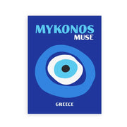 Blue rectangular travel poster art print featuring a stylized evil eye and mykonos muse in preppy color design