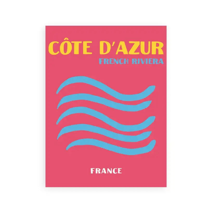 Vibrant pink DecorBites travel posters art print featuring bold yellow and blue text of côte d’azur french riviera