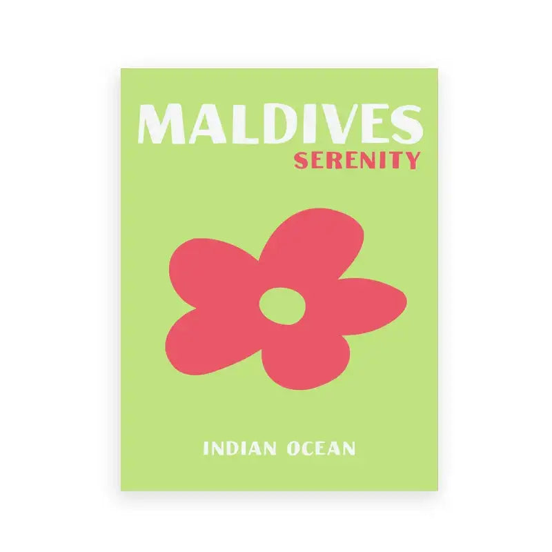 A vibrant lime green decorbites™ colorful travel poster with bold white and red text and a pink flower for living room decor