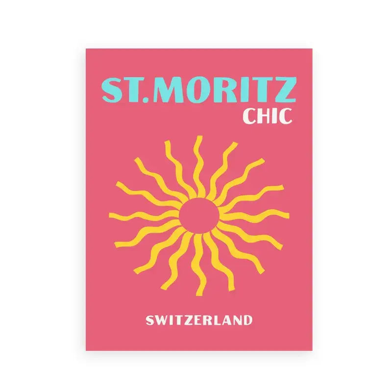 Vibrant pink decorbites travel poster featuring a stylized yellow sun for colorful travel art print collection