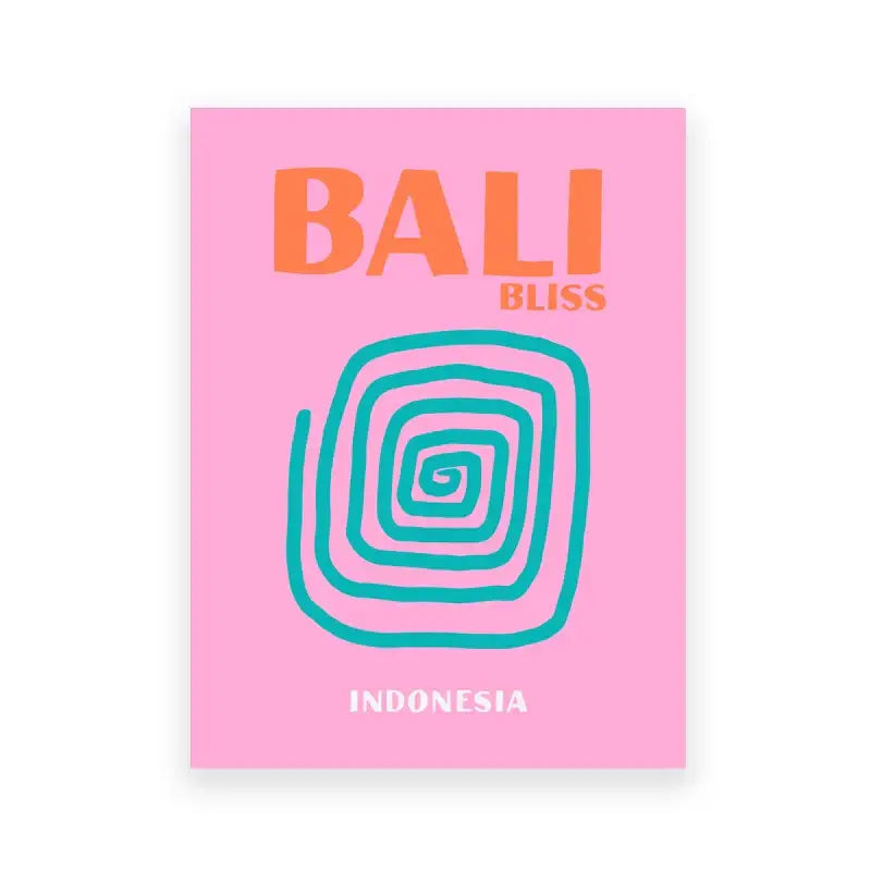 Pink rectangular travel poster with bold orange bali bliss text and teal spiral art print from decorbites colorful travel posters set