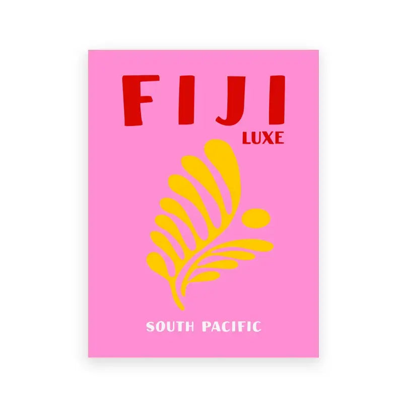 Vibrant pink decorbites colorful travel poster art print featuring bold red fiji luxe text and stylized yellow leaf design