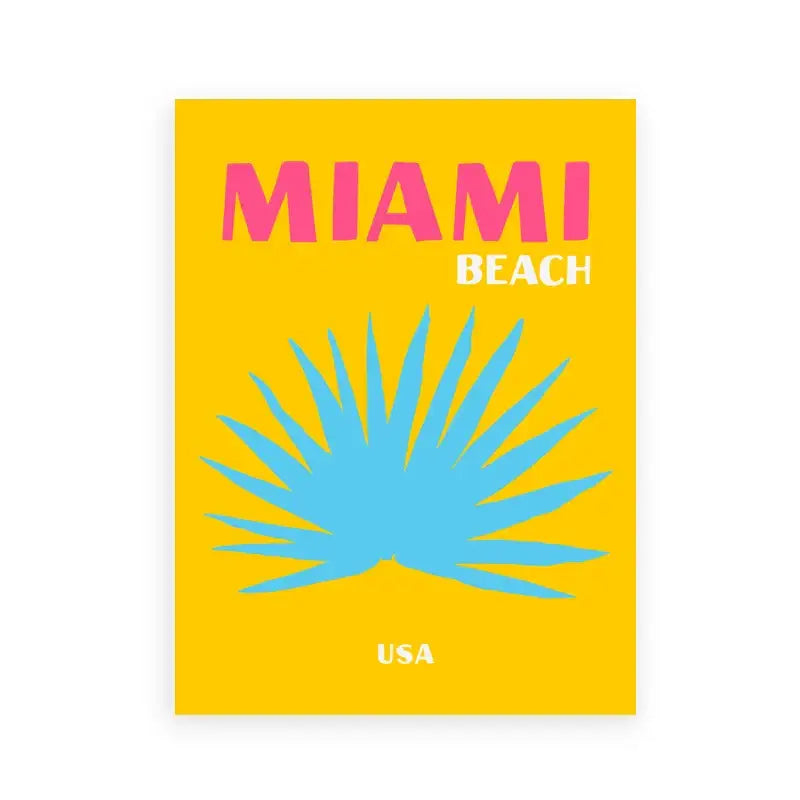 Vibrant yellow decorbites travel poster featuring bold pink text miami beach and blue palm frond art print for home decor