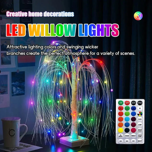 Decorbites colorful willow tree light with faux birch trunk and glowing rainbow wicker branches for living room decor