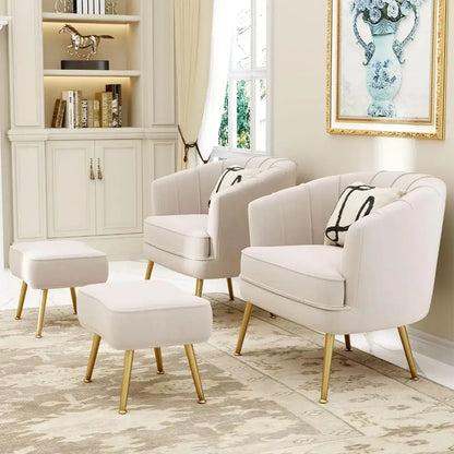 Decorbites comfortable beige bucket armchair and ottoman with cream velvet tufted back and gold-tone legs for living room