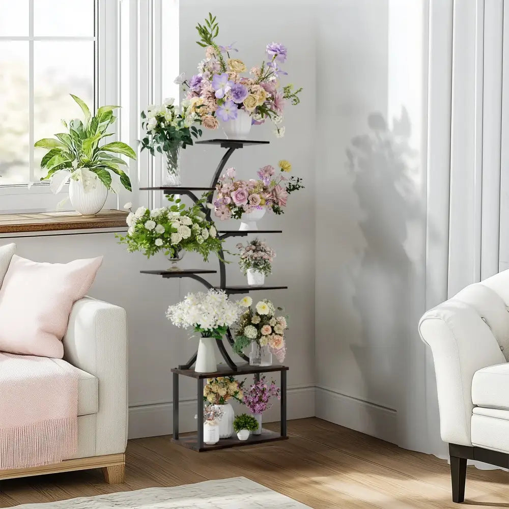 Black metal DecorBites™ compact tree plant stand with multiple shelves holding colorful floral arrangements in glass vases
