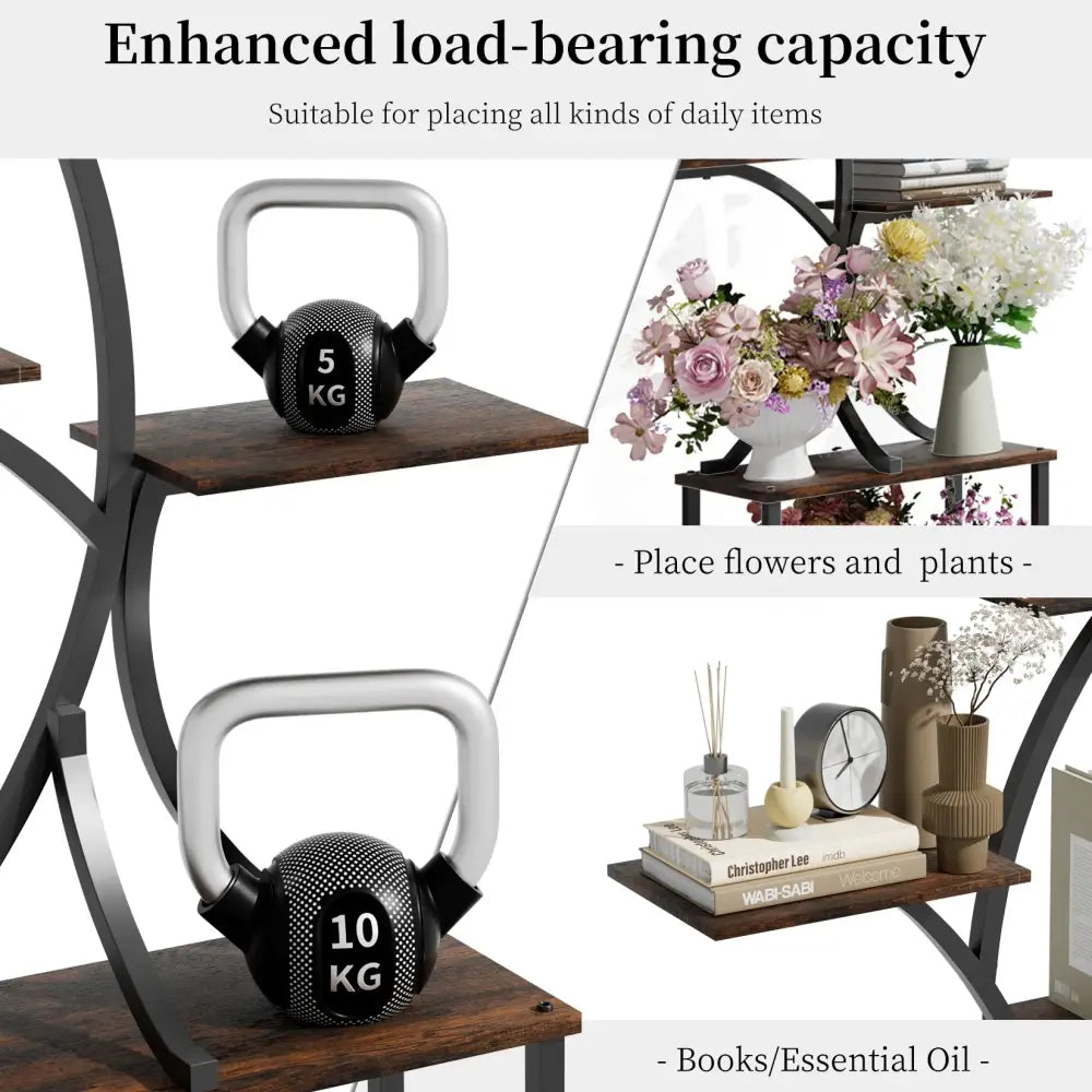 Decorbites compact tree design plant stand with multiple shelves shown beside black and silver kettlebells with dotted finish