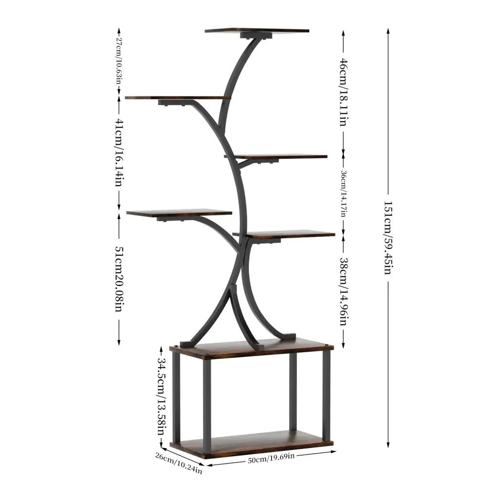DecorBites™ compact tree plant stand with multiple dark brown wooden shelves and black metal curved frame design
