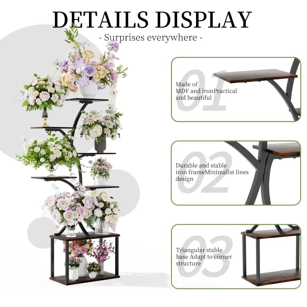 DecorBites™ compact tree design plant stand with black and dark wood multiple shelves and curved iron frame
