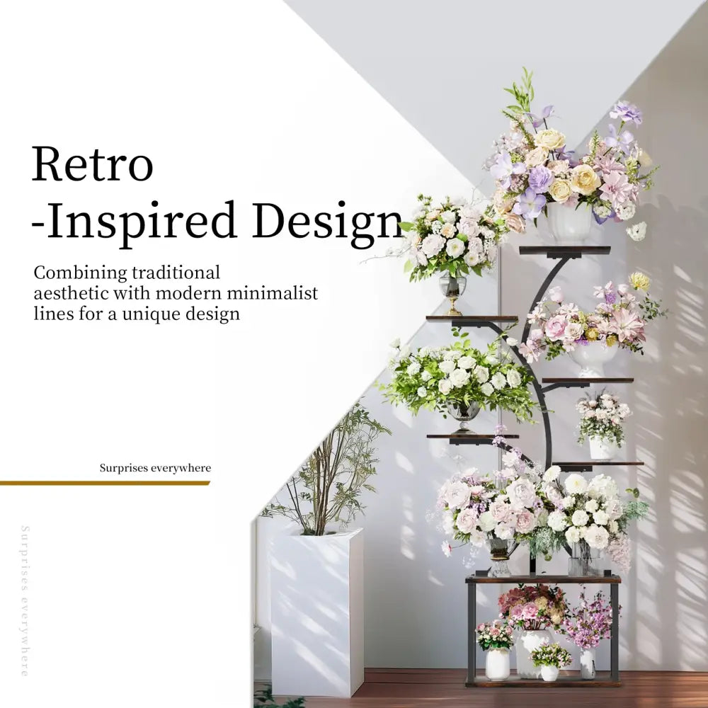 DecorBites™ sleek black metal plant stand with multiple shelves and compact tree design displaying pastel flowers