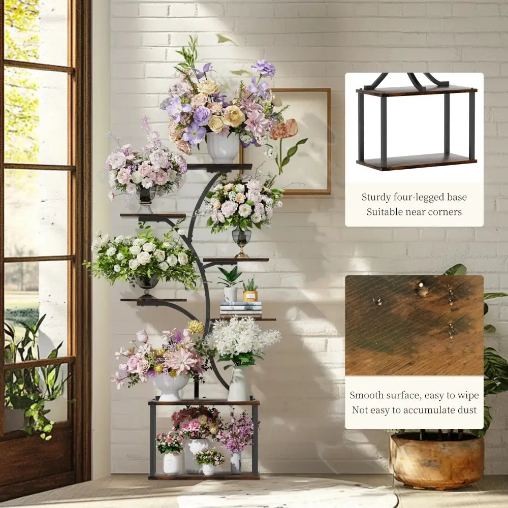 Decorbites™ compact tree design black metal plant stand with multiple curved shelves displaying floral arrangements