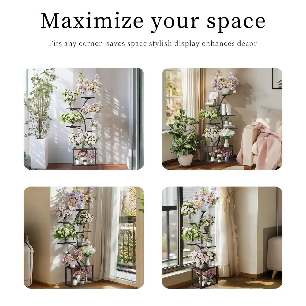Decorbites™ black metal plant stand with multiple shelves in compact tree design for displaying plants and flowers