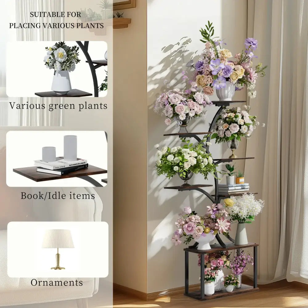 DecorBites™ compact tree plant stand with dark metal frame and wooden shelves holding floral arrangements