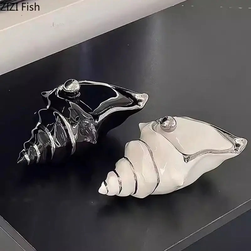 Two glossy ceramic decorbites conch ashtrays in black and white with silver metallic caps for living room decor