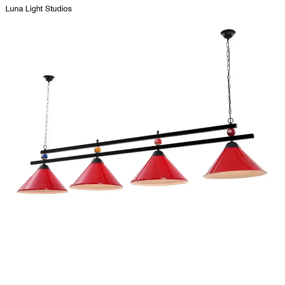 DecorBites™ conical island metal pendant ceiling light in red with black frame and billiards accent for industrial style