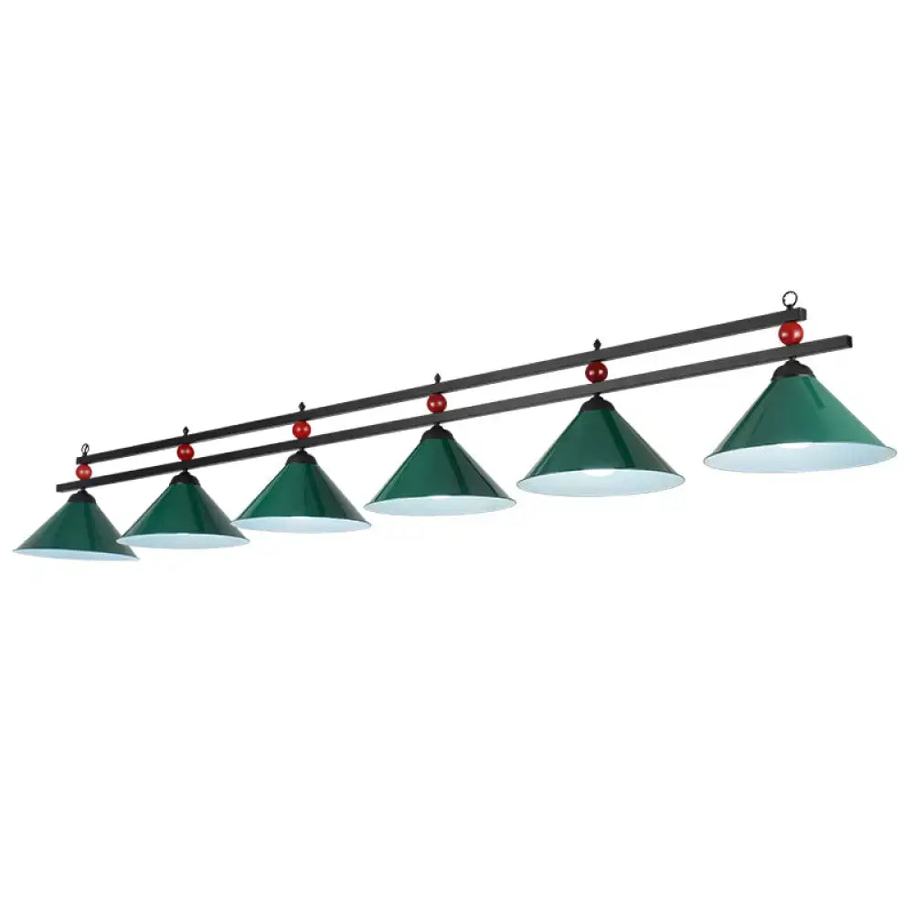 DecorBites™ green conical metal pendant ceiling light with red billiards accents for industrial ceiling light use