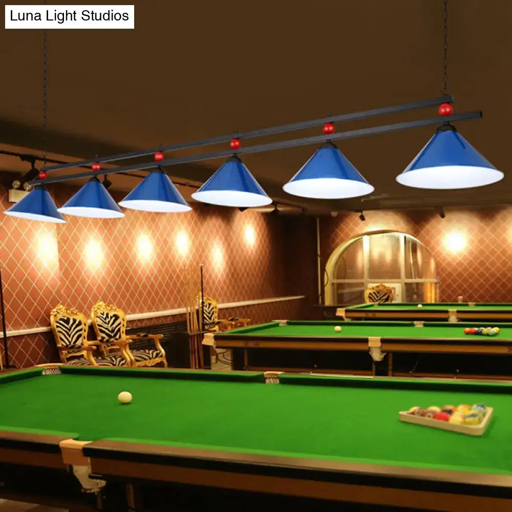 Blue conical metal pendant ceiling lights with white interiors hang above pool tables in industrial style decorbites ceiling light