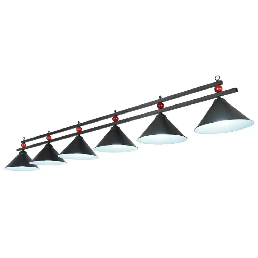 DecorBites™ conical island metal pendant ceiling light with black conical shades and red billiards accents