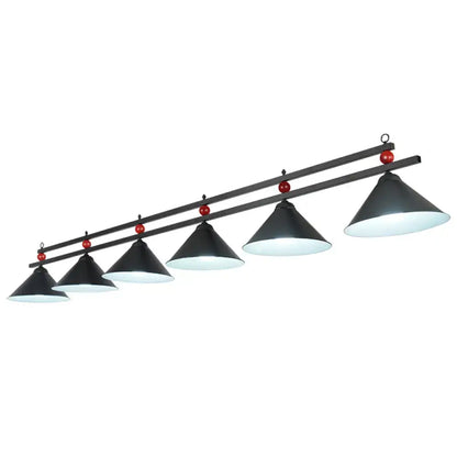 DecorBites™ conical island metal pendant ceiling light with black conical shades and red billiards accents