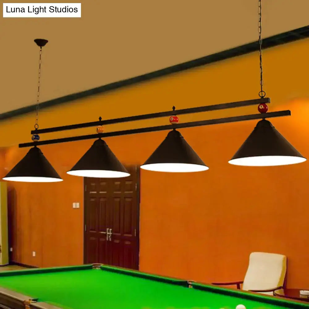 Black conical metal pendant ceiling light with matte finish and decorative billiards accent suspended by chains