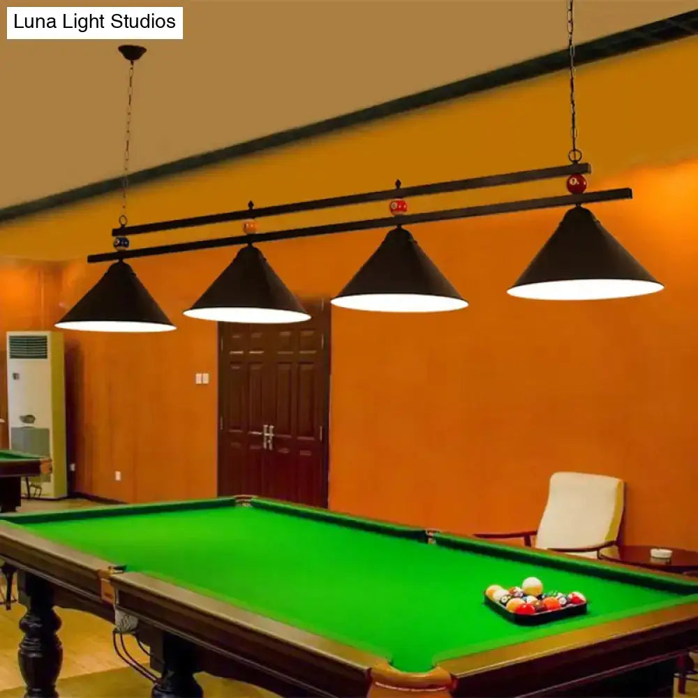 Black metal pendant ceiling lights with white interiors hang above pool table in industrial style ceiling light design