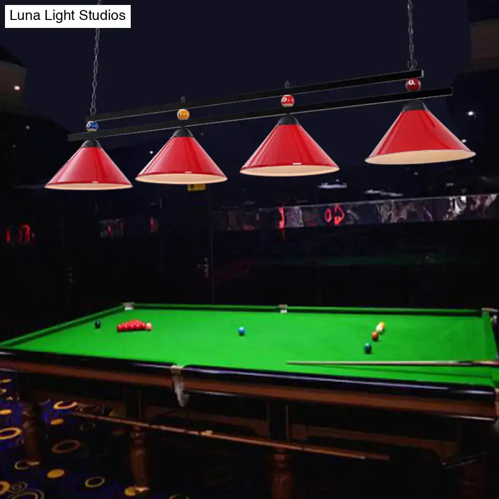 Decorbites™ red conical metal pendant ceiling lights hang above a pool table as an industrial style pendant ceiling light