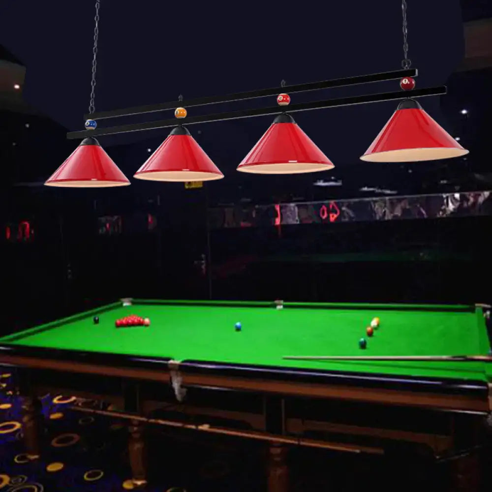 Decorbites™ conical island metal pendant ceiling light features red industrial style metal pendant ceiling lights above a pool table