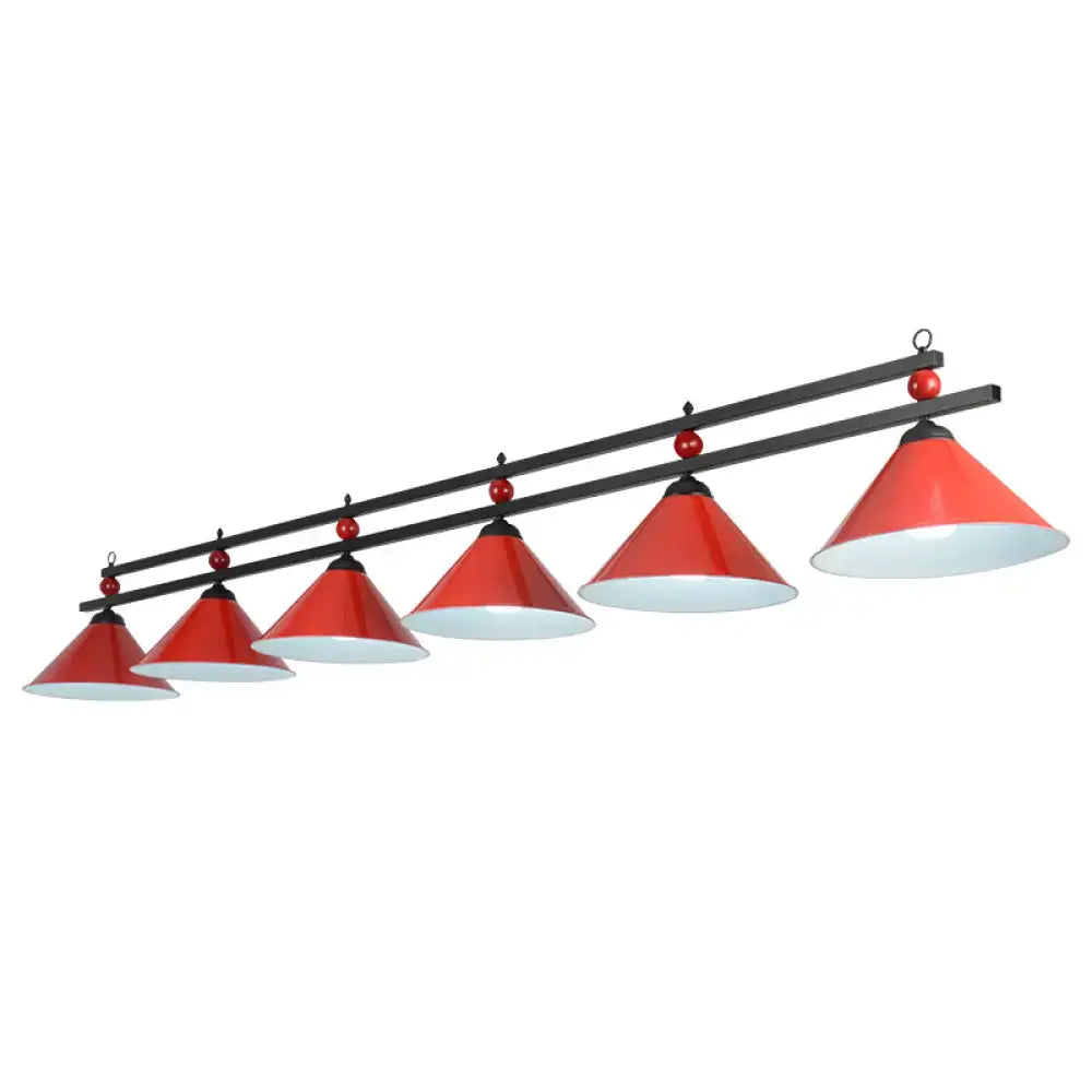 DecorBites™ conical island metal pendant ceiling light with red shades white interiors and black frame industrial style