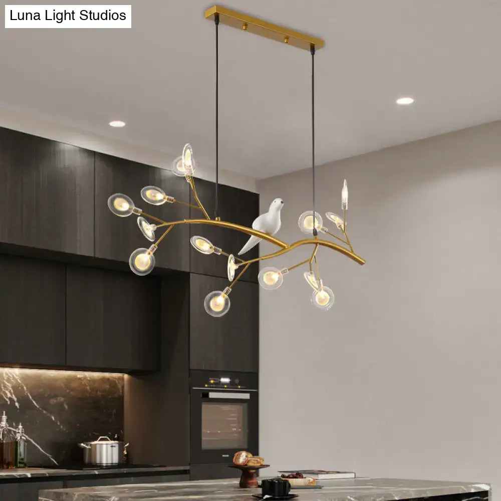 Decorbites™ gold-toned acrylic branch pendant light with clear glass globes and white ceramic bird decoration 220v-240v